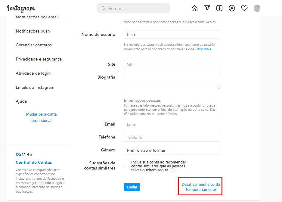 Desativando uma conta do Instagram pelo navegador web