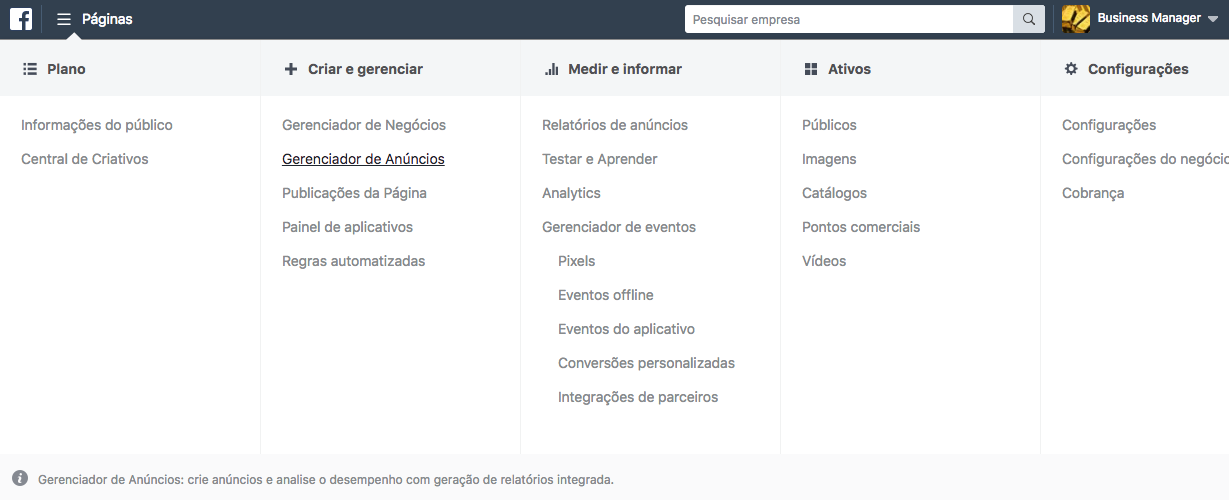 Como anunciar no Instagram - Tudo sobre Instagram Ads! 1 print do gerenciador de negócios do Facebook