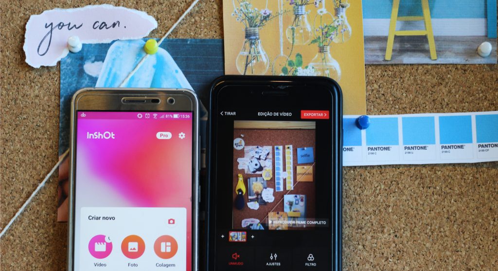 Dois celulares com aplicativos de edição abertos, um ao lado do outro. Ambos em cima de um moodboard