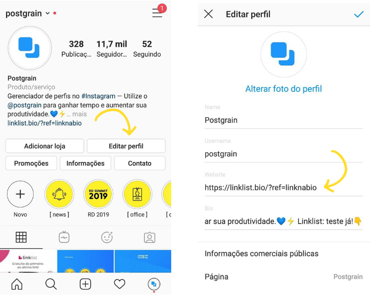 Captura da tela de como inserir link na BIO do Instagram. 