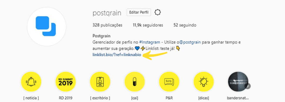 Captura de tela da bio do Postgrain no Instagram com o Llinklist