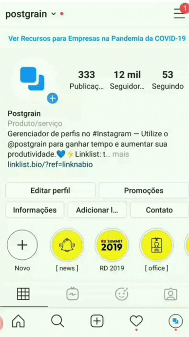 GIF do perfil do Postgrain acessando o painel do "Instagram Insights". Mostrando as métricas sobre os seguidores. 