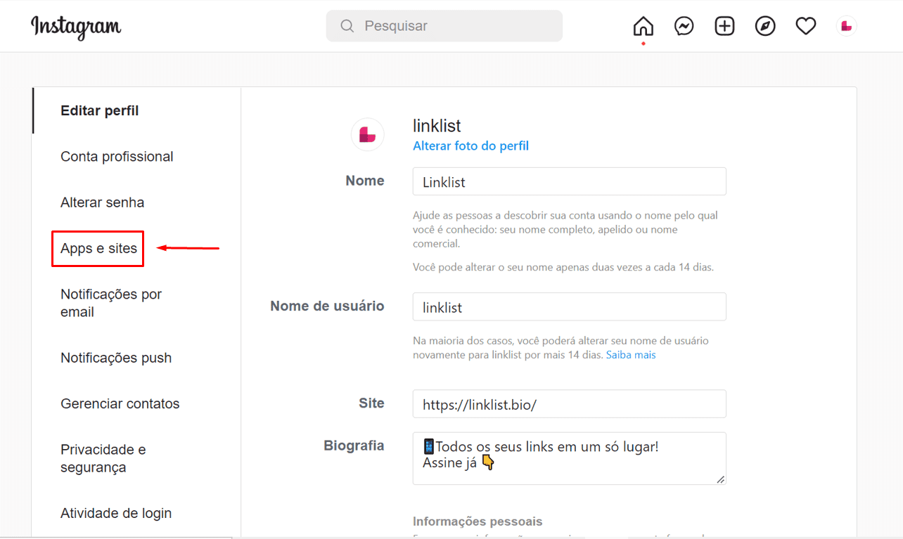 Editar perfil no Instagram pelo navegador web