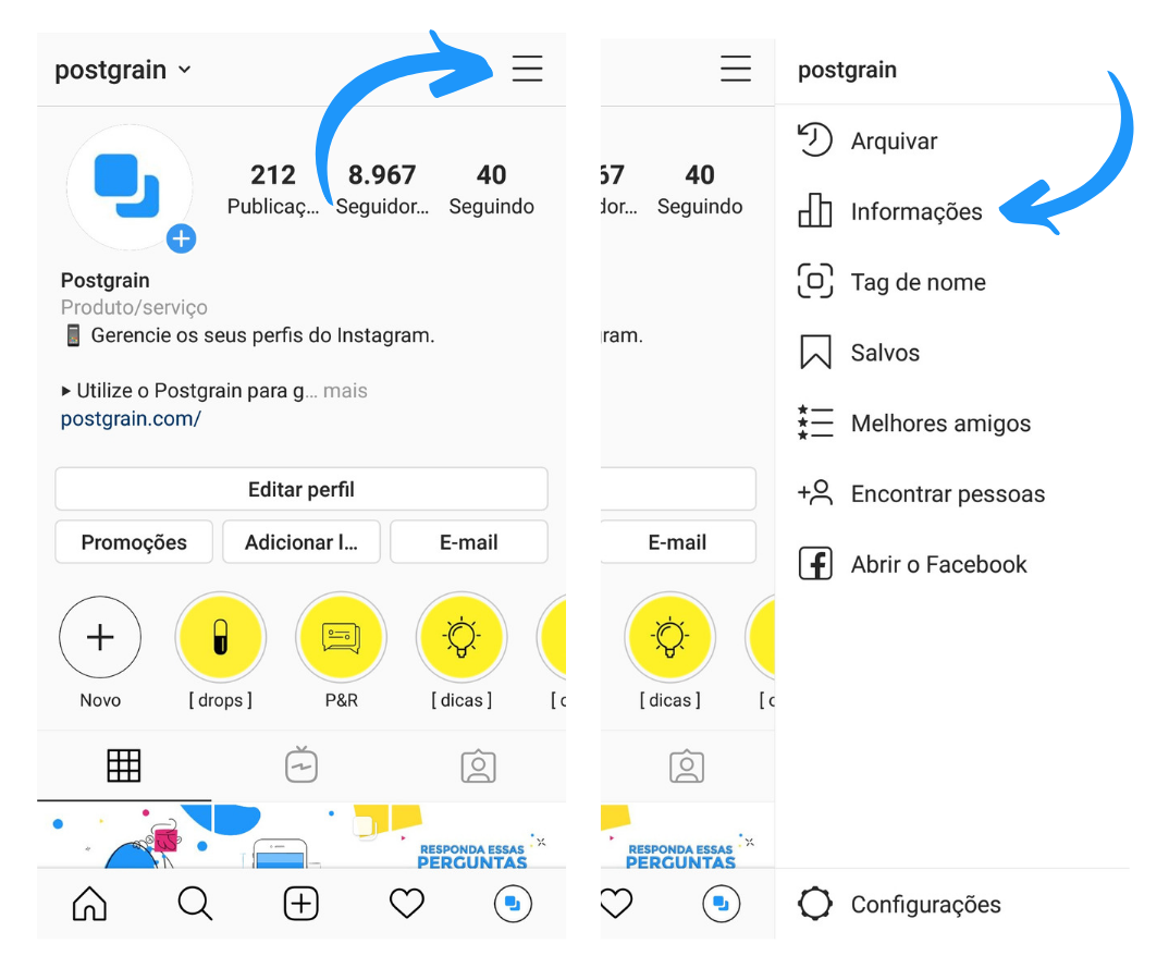 Capturas de tela mostrando como acessar o Instagram Insights