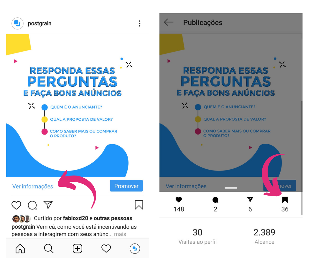 Capturas de tela mostrando como acessar o dado de "salvos" no Instagram
