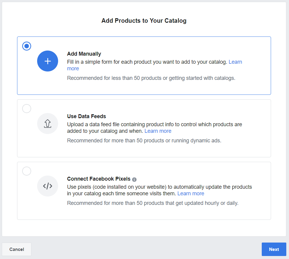 Screenshot - Options for adding products on Facebook Business Manager