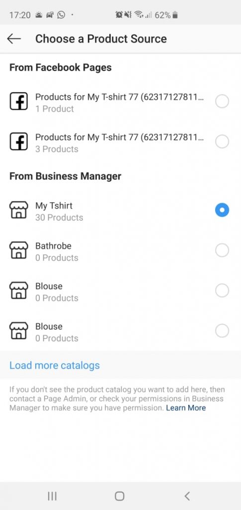 Screenshot - Choose a Product Source/Catalogs on Instagram