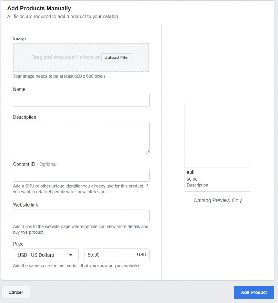 Screenshot - Adding Products Manually on Facebook Business Manager