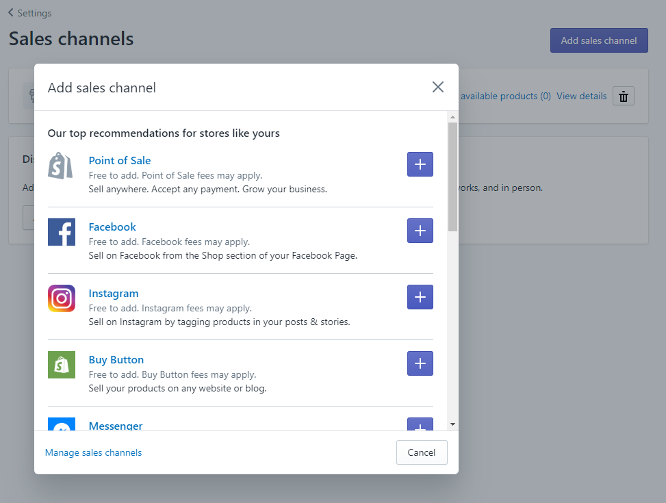 Screenshot - Adding a new Sales Channel on Shopify