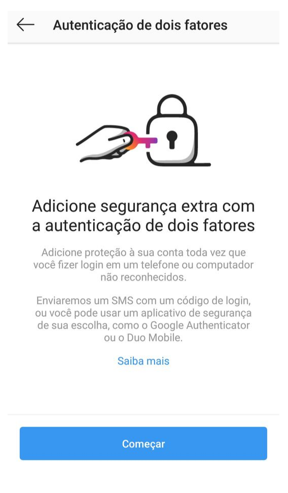 Captura de tela da autenticação de dois fatores do Instagram