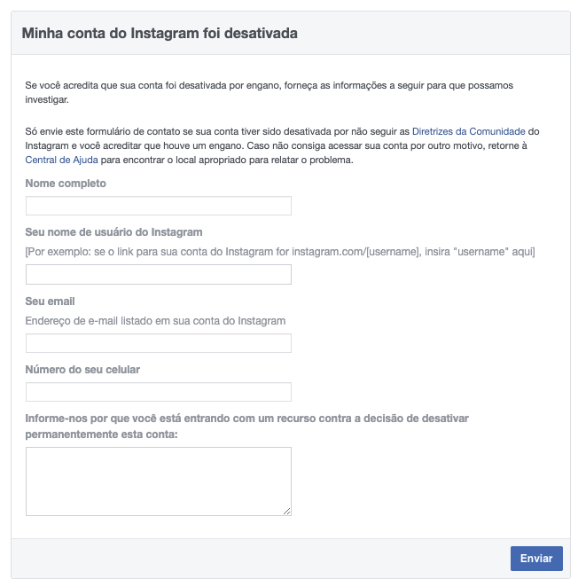 Captura de tela do formulário do Facebook pra contas desativas indevidamente