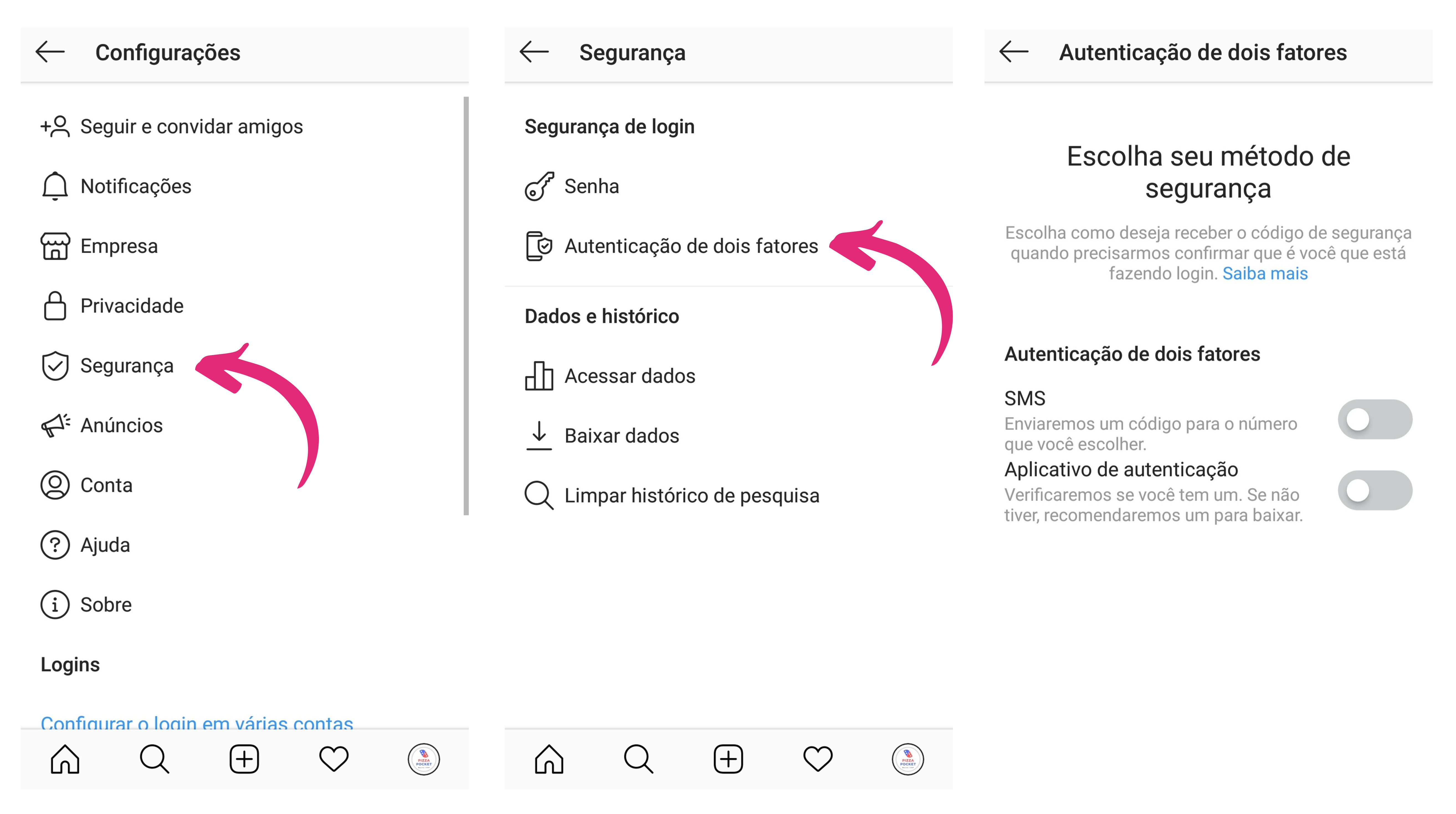 Captura de tela mostrando como ativar a autenticação de dois fatores no Instagram