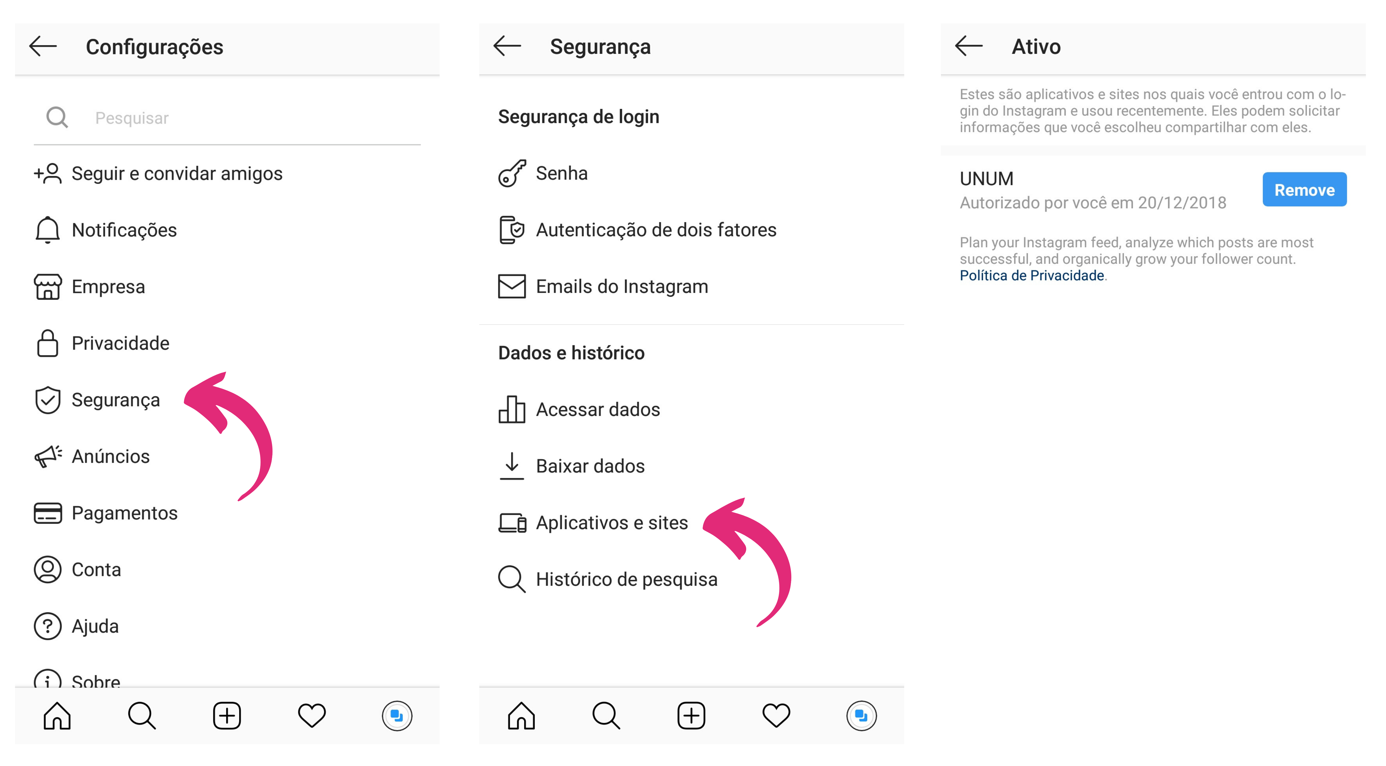 Capturas de tela mostrando como acessar o gerenciamento de dados de terceiros no Instagram