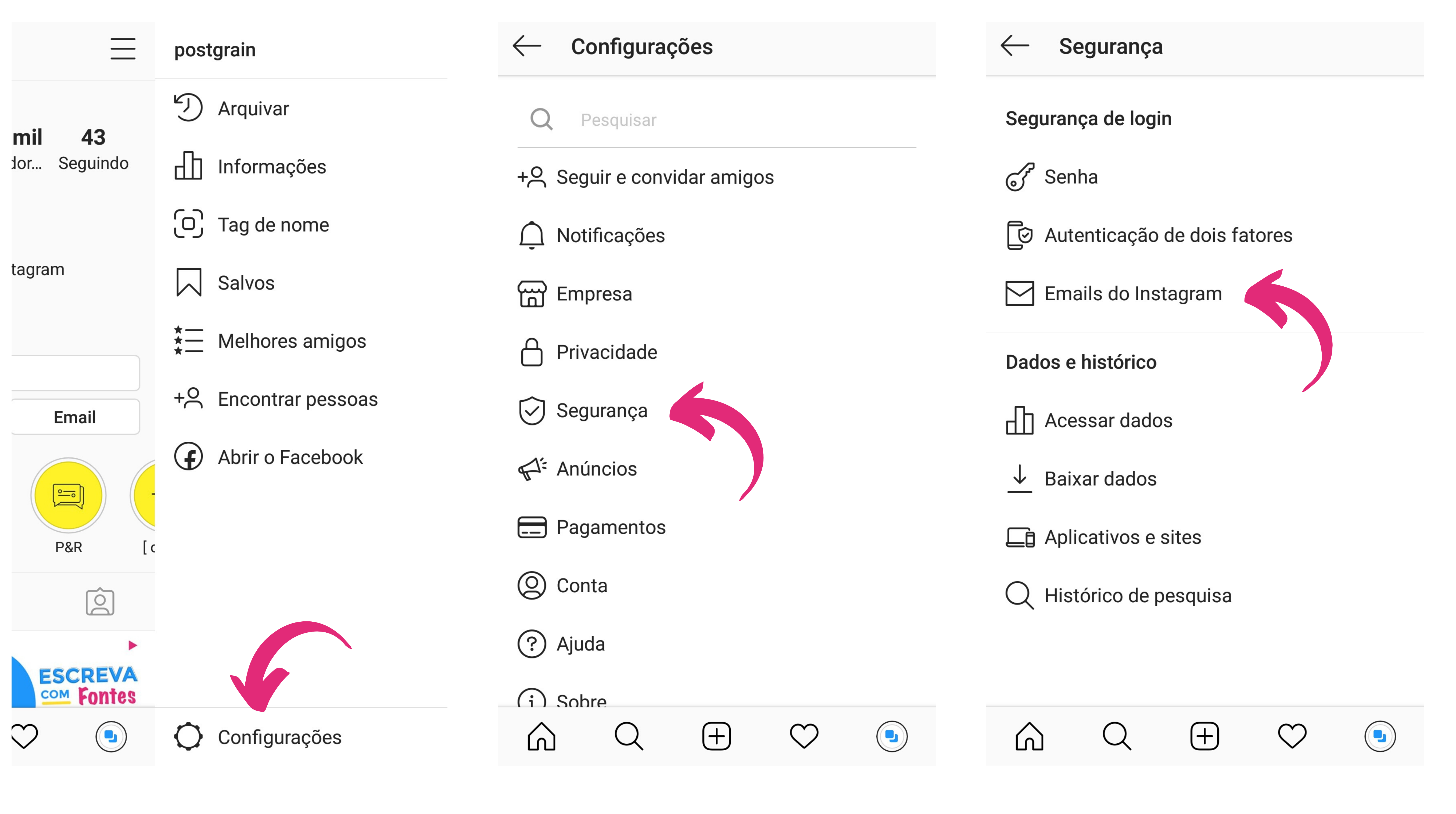 Capturas de tela mostrando como acessar os emails de segurança no Instagram