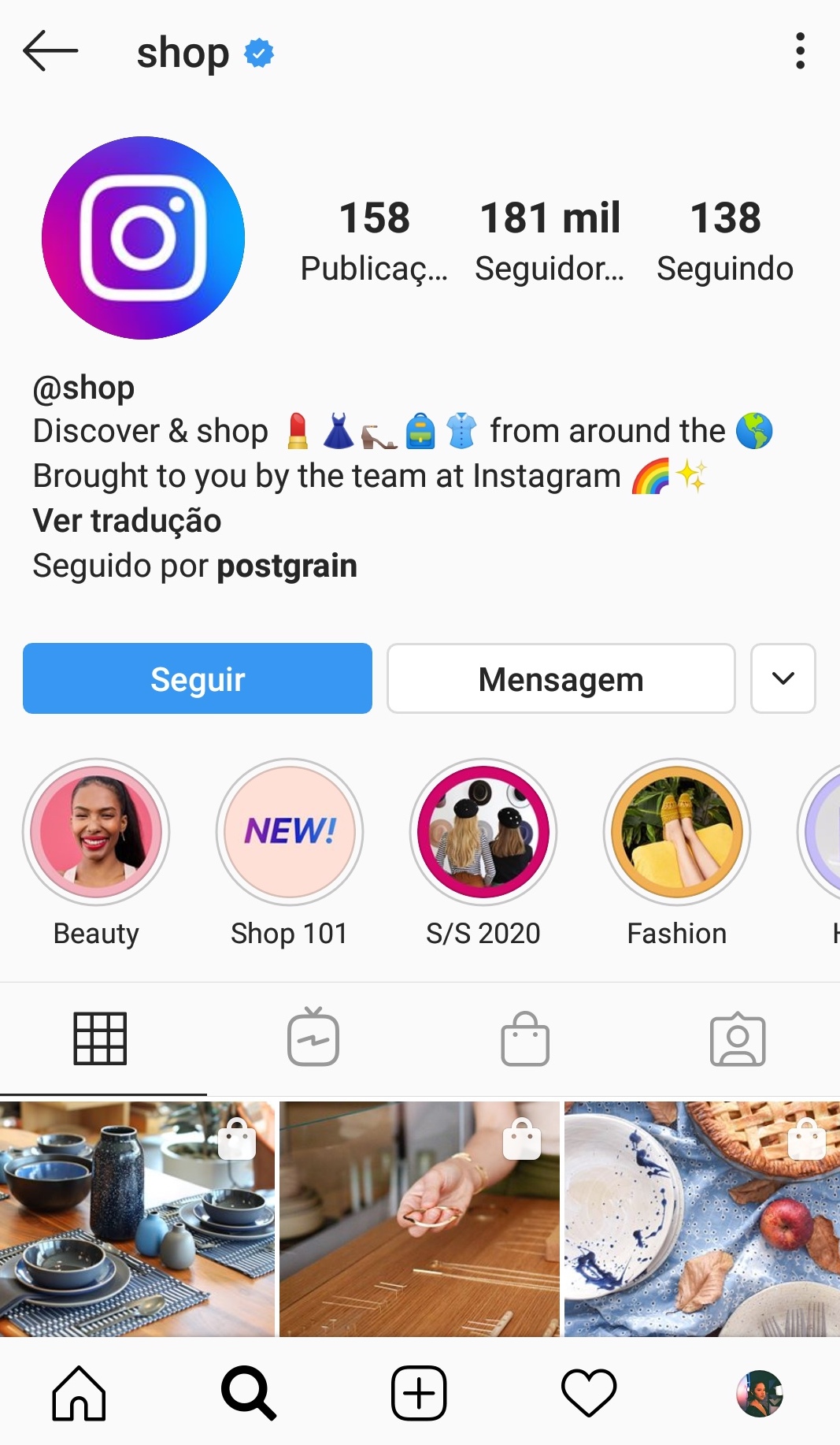Captura de tela do perfil para contas de negócio do Instagram