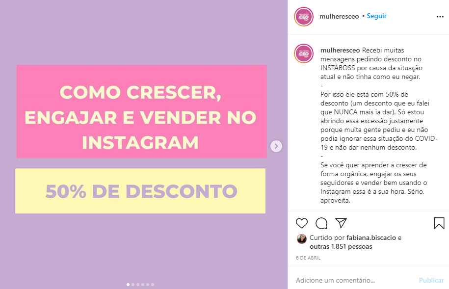 Captura de tela de um post do Instagram do perfil Mulheres CEO