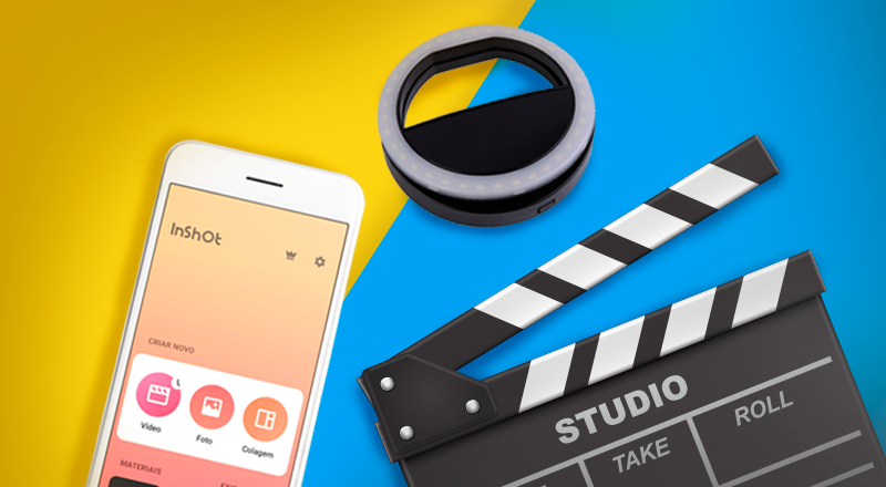 Celular aberto no aplicativo Inshot com ferramentas de gravação de vídeo