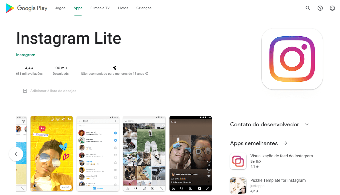 Instagram Lite no Google Play navegador web