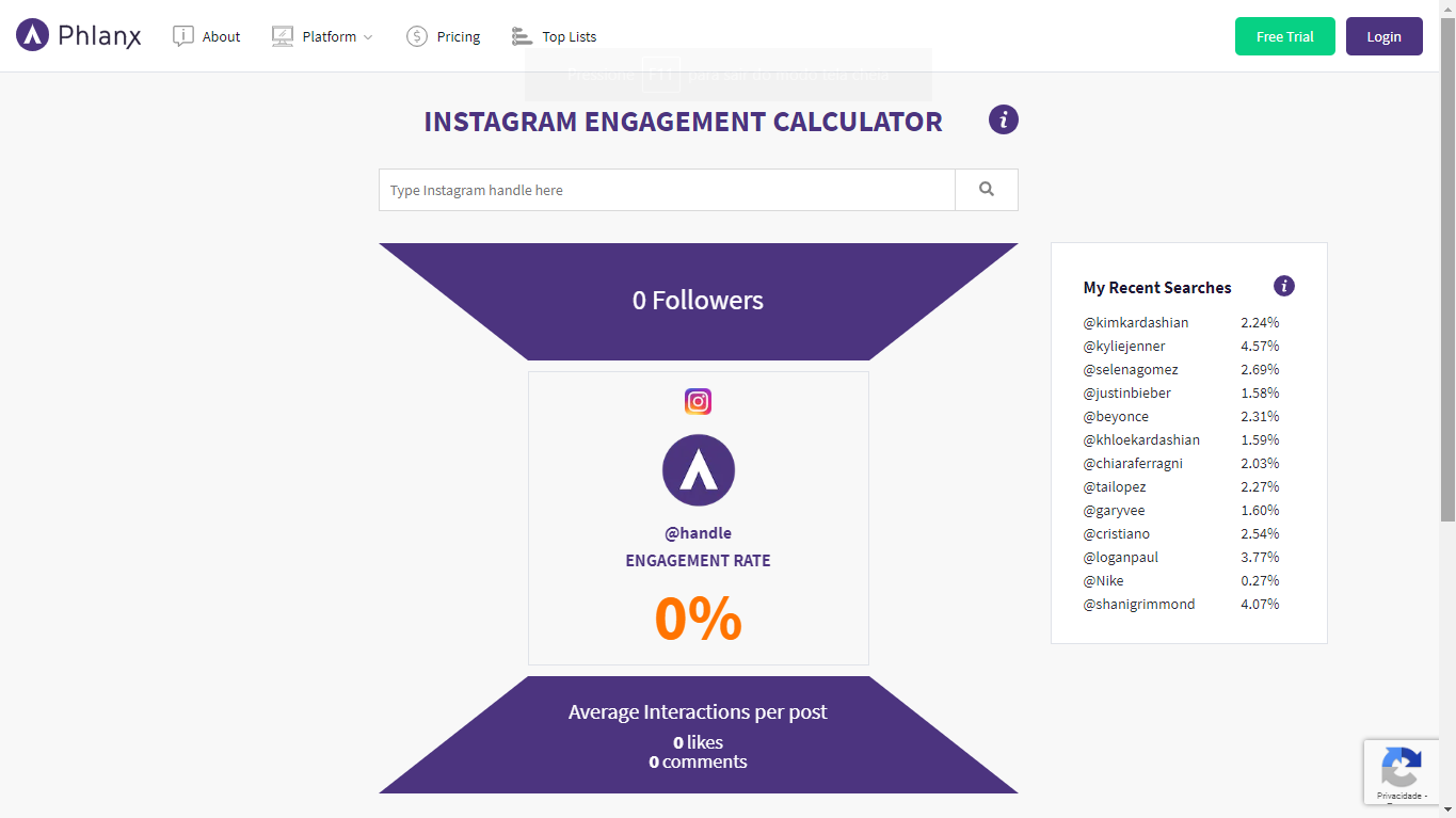 Site Phalanx calculadora taxa de engajamento Instagram