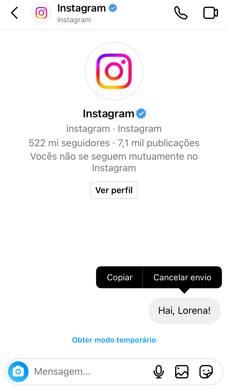 Cancelar envio de mensagem no Direct do Instagram