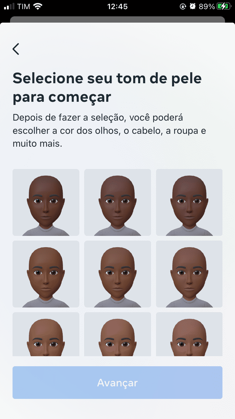 Exemplos de tom de pele do avatar no Instagram