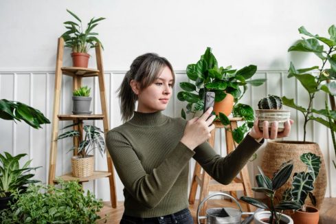 Moça gravando Reels Instagram com seu celular e planta na mão