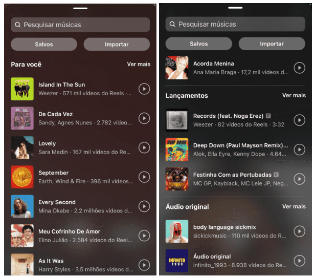 Coleção de músicas do Instagram no Reels, Story ou Feed