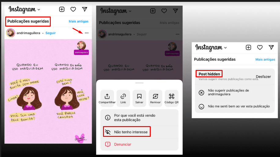 Prints com tutorial de remoção de publicações sugeridas pelo Instagram