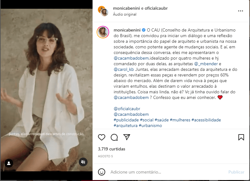 Collab no Instagram entre Monica Benini e CAU