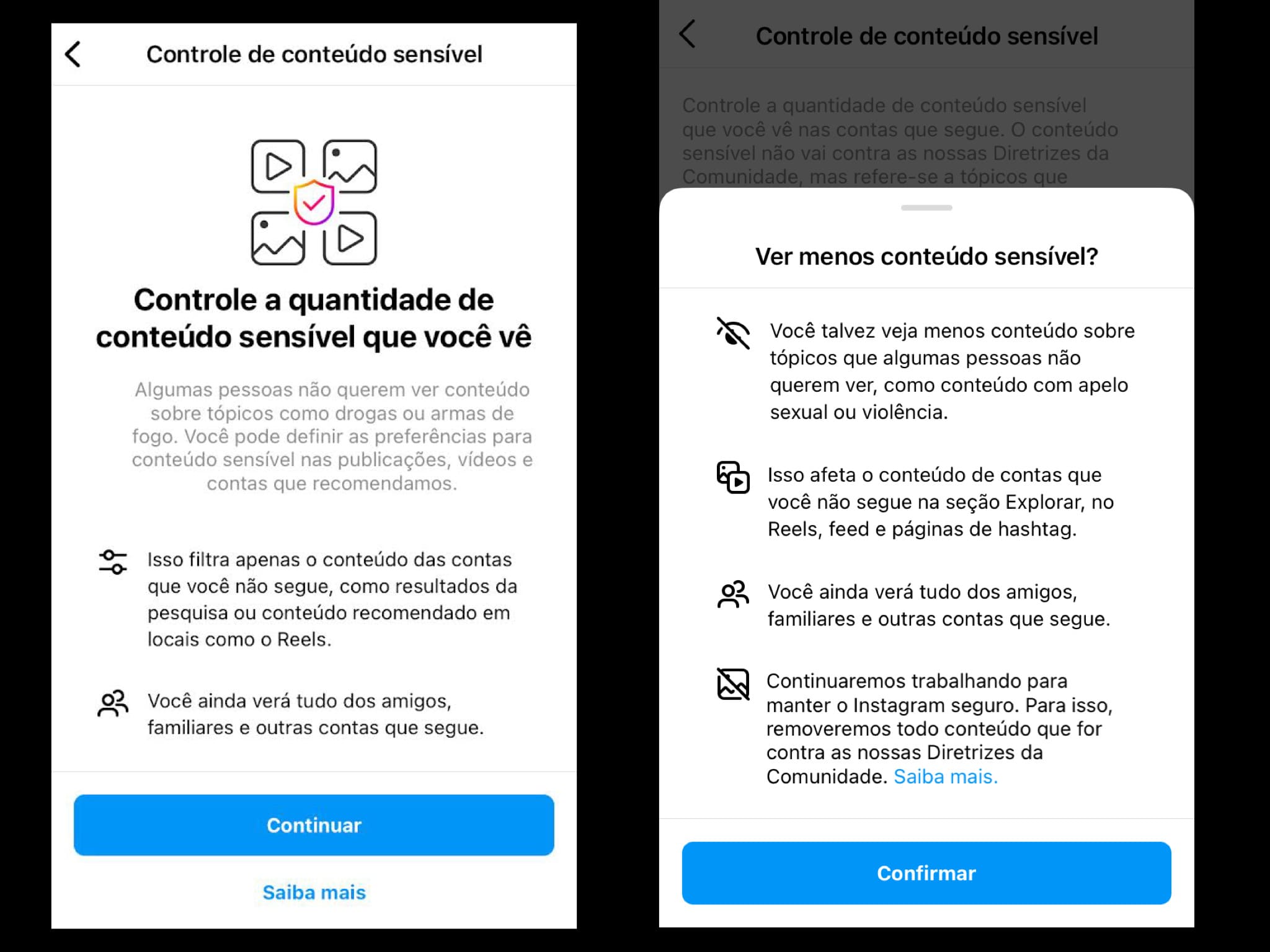 Telas de configuração de conteúdo sensível no Instagram