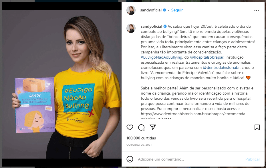 Collab no Instagram entre Sandy e hospital Sobrapar juntos em campanha contra bullying infantil