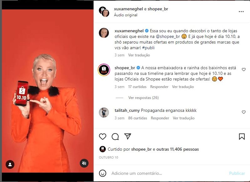 Shopee e Xuxa Meneghel em collab de post no Instagram