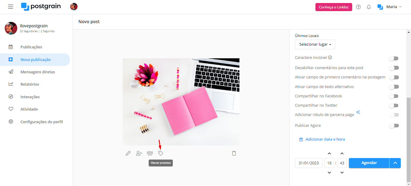 Agendar post no Instagram com marcação de produtos pelo Postgrain
