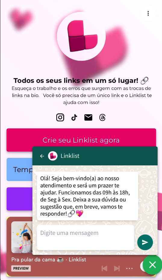 tela do Linklist na versão para celular com o botão flutuante do Whatsapp aberto na lista de links.