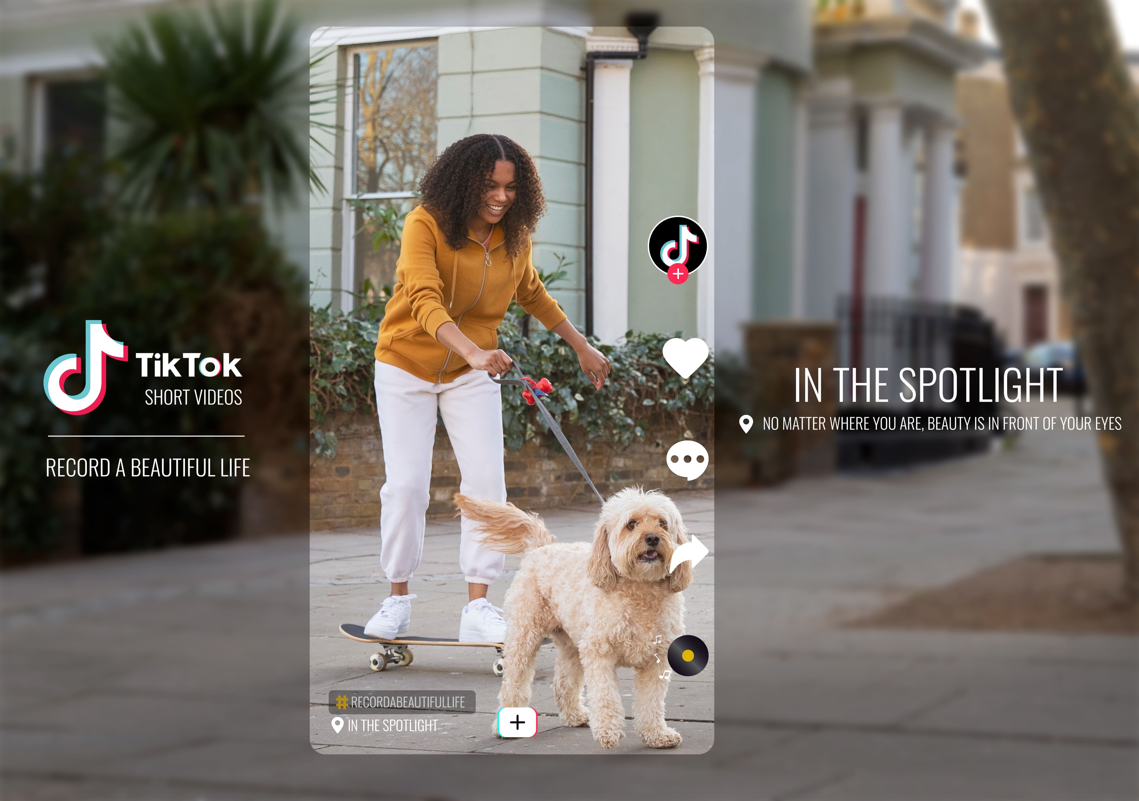 Visualizações no TikTok - Uma mulher, negra, cabelos cacheados, na frente de uma casa segurando um cachorro pela coleira. Ela está vestindo uma camisa na cor amarelo queimado e uma calça branca. Ao redor, tem os vídeos de curtir, comentar, comparitlhar e visualizações do TikTOK. Assim como a logo da plataforma na lateral. 