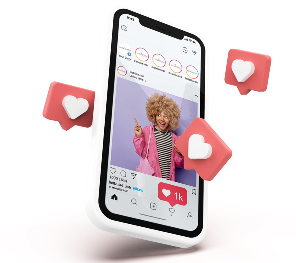Na imagem contém um mockup de celular com um post do Instagram aberto na tela e, ao redor, tem o ícone de like, no formato de coração, repetido três vezes ao redor do mockup do 