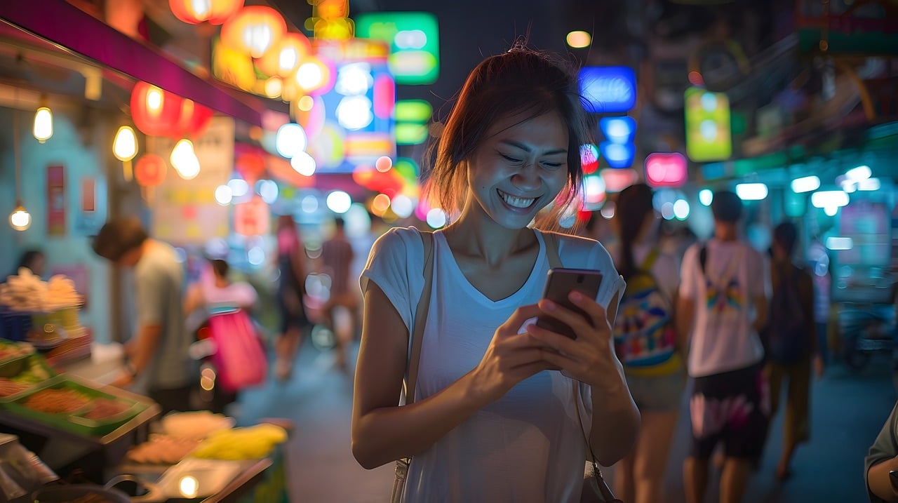 Interação com seguidores - mulher branca com traços asiáticos, no meio da rua, segurando o celular e sorrindo como se tivesse vendo algo engraçado no celular.