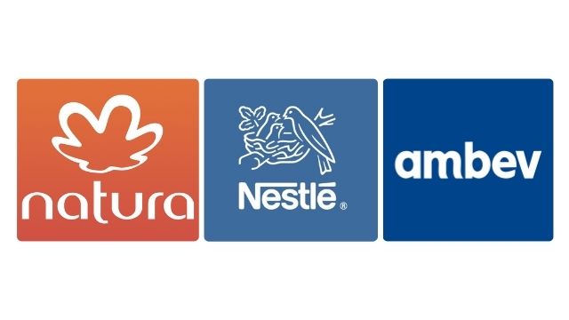 Foto com as logos das marcas Natura, Nestlé e Ambev que usam a estratégia do marketing verde.