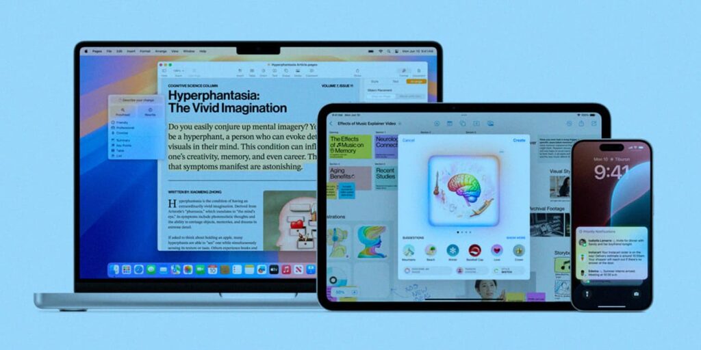 IA da Apple - a imagem que ilustra o tema tem 3 mockups de dispositivos diferentes: um notebook, um tablet e um celular. Em ambos, aparecem tema de recursos da apple, simbolizando a inteligência artificial lançada pela marca.