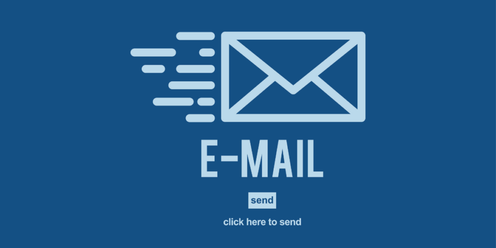 métricas de email marketing - a imagem que ilustra o tema tem um fundo azul e, no meio - em destaque - tem um símbolo de carta na cor branca, abaixo dele, tem o palavra "email" escrita, na sequência, tem a opção "send" em inglês que em português significa "enviar" e, mais abaixo, tem escrito "click here to send" que em português significa "clique aqui para enviar".