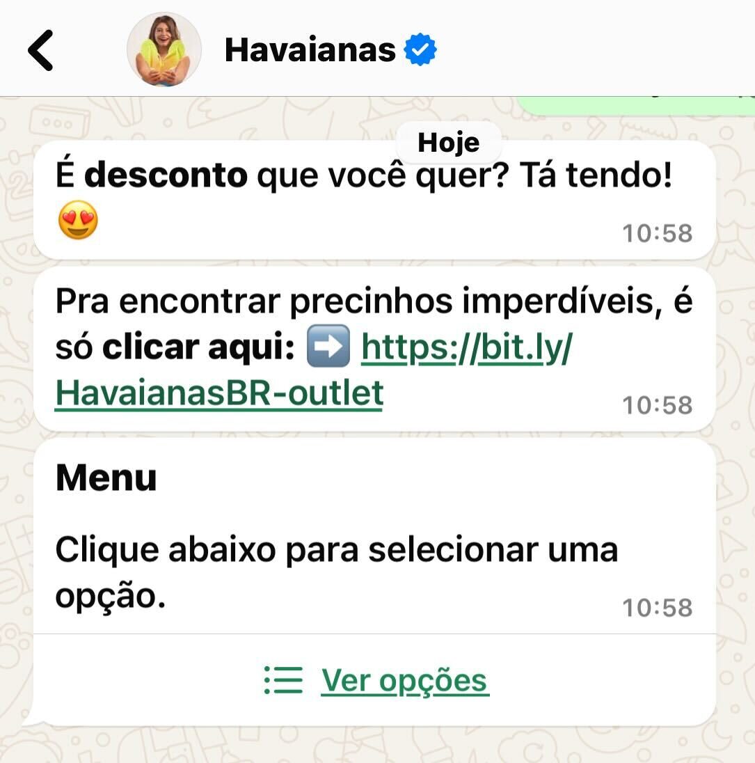 A imagem é um print de dentro da janela de conversa do WhatsApp da marca Havaianas, onde a empresa envia mensagens falando sobre as promoções que estão ativas.