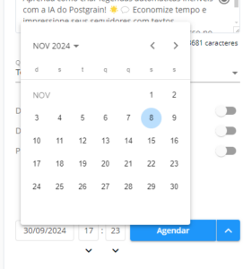 escolhendo horário e data e agende seus tiktoks no Postgrain