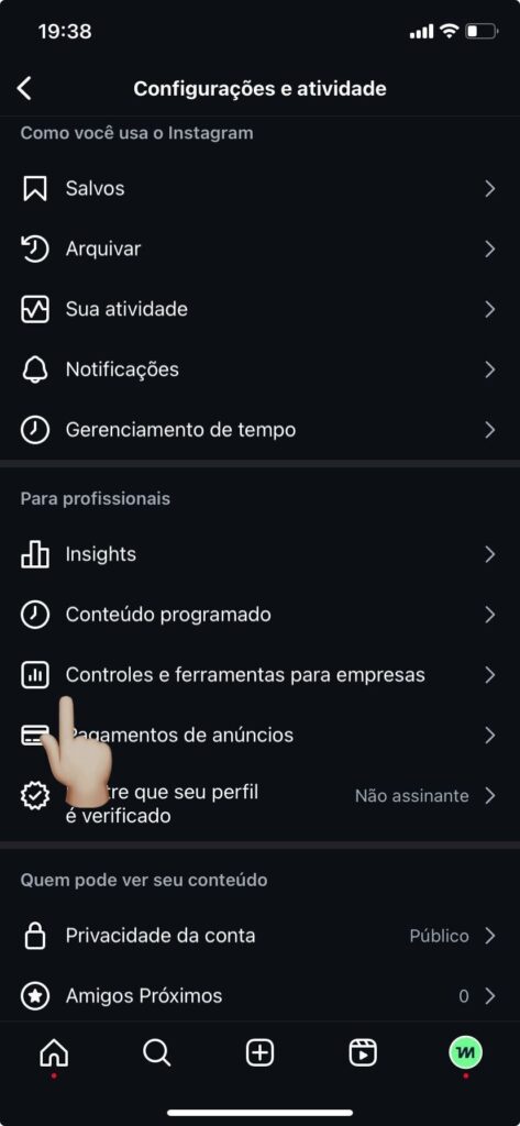 Print do painel de ferramentas e controles de um perfil no Instagram.