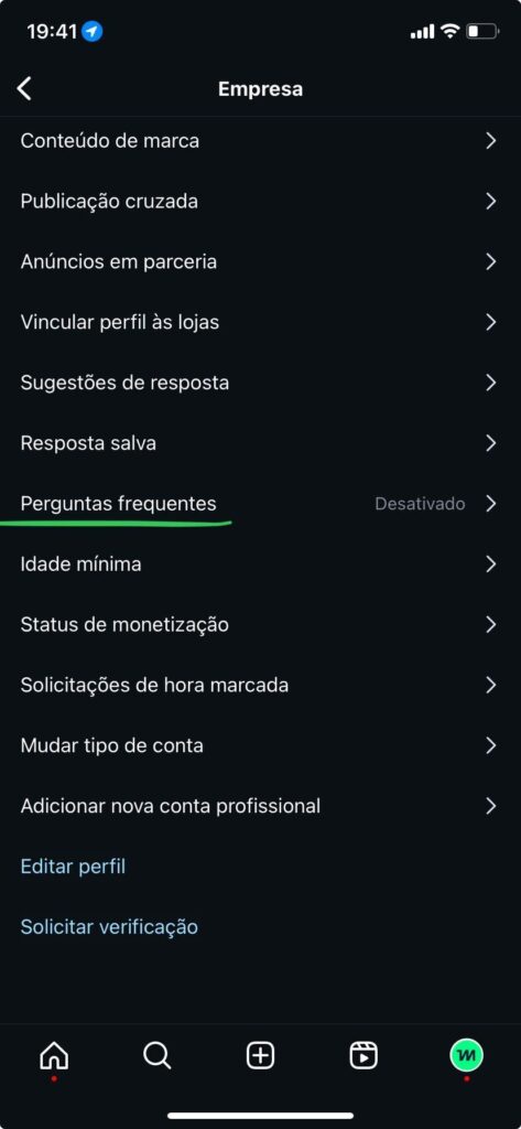 Print do painel de controles do Instagram.