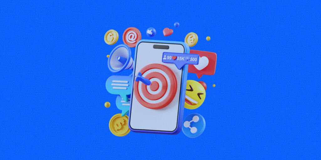 Tendências de Marketing para 2025 - A imagem que ilustra o tema tem o fundo azul e no meio uma ilustração no formato 3D de um celular com um alvo na tela e, em volta, vários ícones que remetem ao digital e redes sociais.